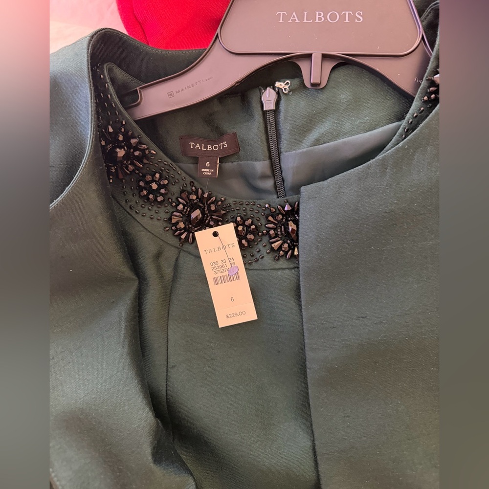 Talbots Forest Green Dress with Black Embellished Neckline NWT with Jacket